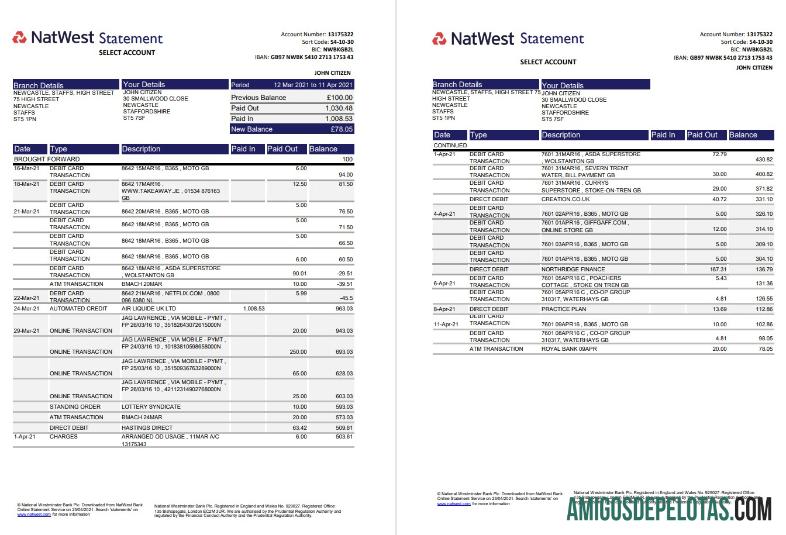 Modelo de extrato bancário Natwest do Reino Unido para download em formato Excel e PDF (2 páginas)